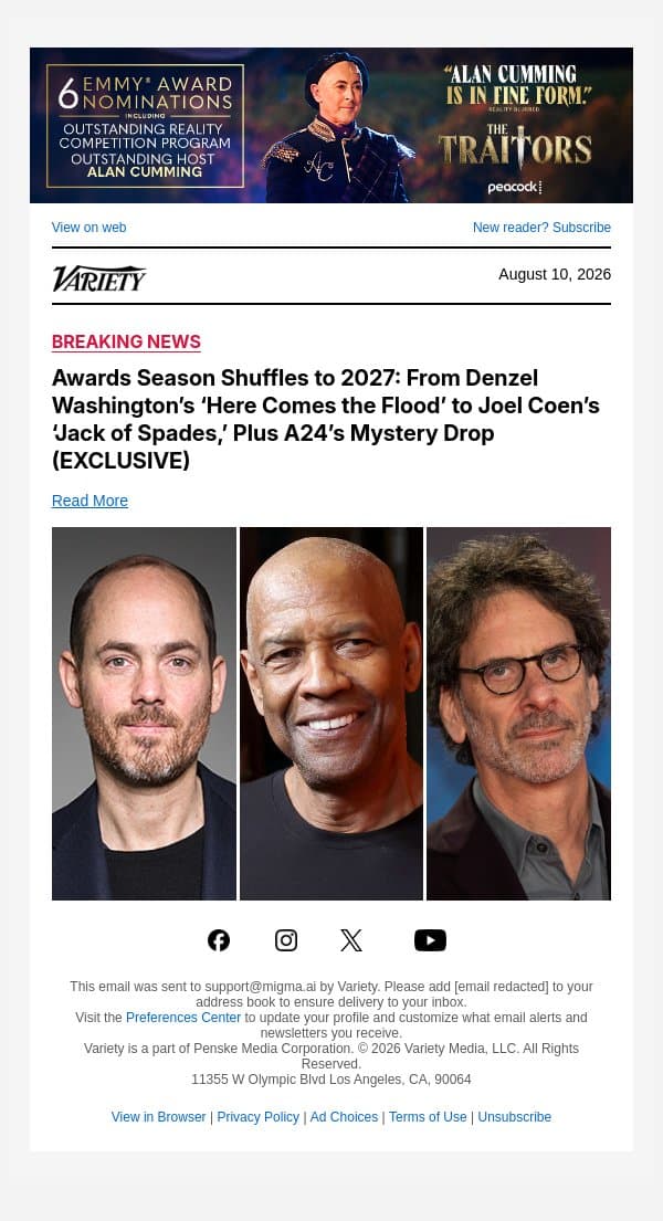 Awards Season Shuffles to 2027: From Denzel Washington’s ‘Here Comes the Flood’ to Joel Coen’s ‘Jack of Spades,’ Plus A24’s Mystery Drop (EXCLUSIVE) email from Variety screenshot