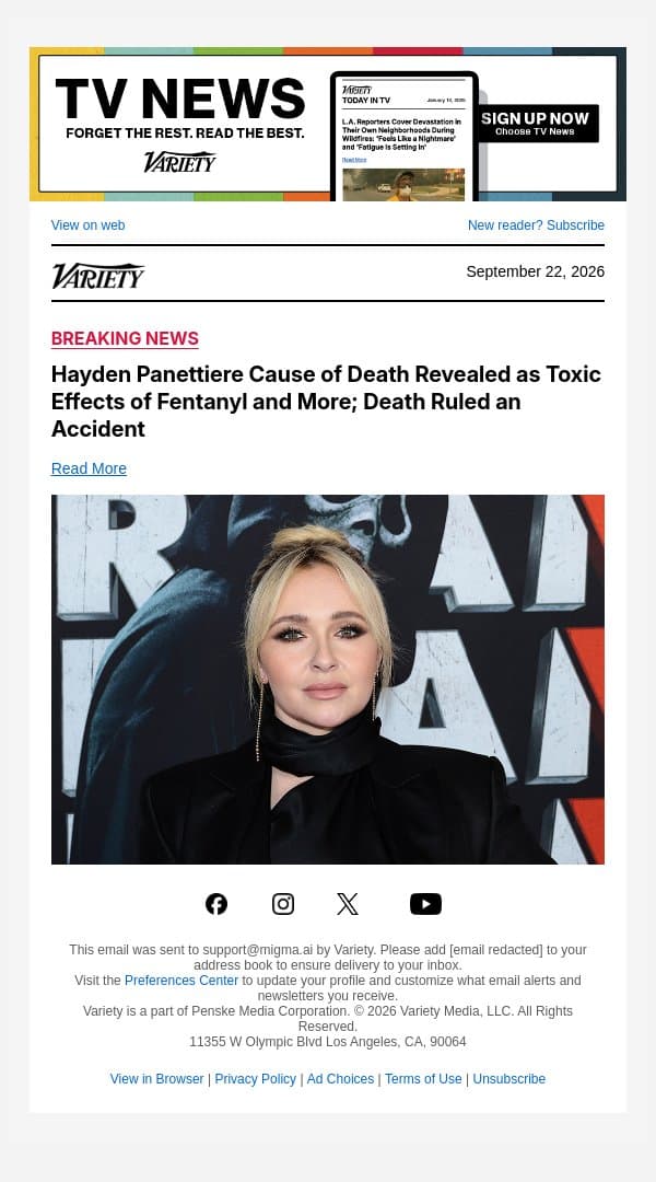 Hayden Panettiere Cause of Death Revealed as Toxic Effects of Fentanyl and More; Death Ruled an Accident email from Variety screenshot