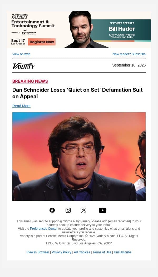 Dan Schneider Loses 'Quiet on Set' Defamation Suit on Appeal email from Variety screenshot