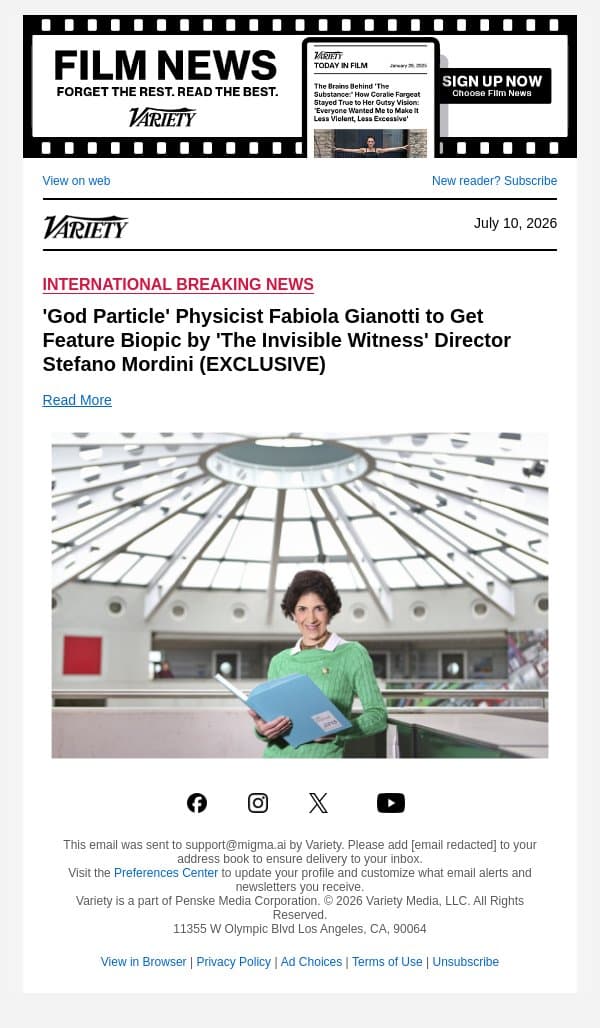 'God Particle' Physicist Fabiola Gianotti to Get Feature Biopic by 'The Invisible Witness' Director Stefano Mordini (EXCLUSIVE) email from Variety screenshot