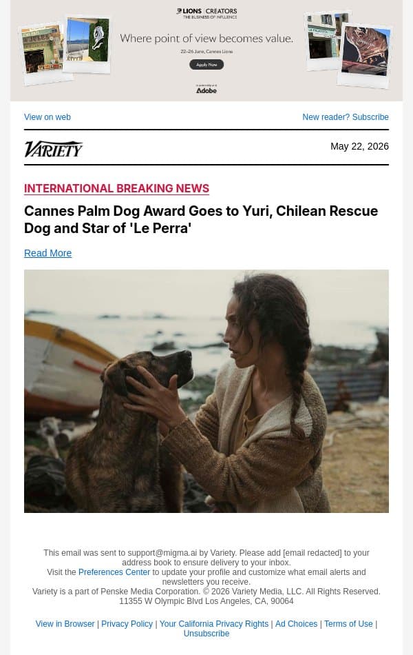 Cannes Palm Dog Award Goes to Yuri, Chilean Rescue Dog and Star of 'Le Perra' email from Variety screenshot