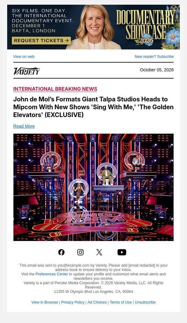 John de Mol’s Formats Giant Talpa Studios Heads to Mipcom With New Shows 'Sing With Me,' 'The Golden Elevators' (EXCLUSIVE) email from Variety screenshot