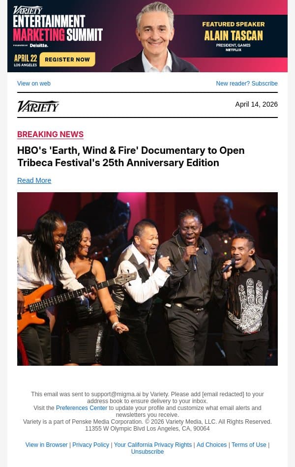 HBO's 'Earth, Wind and Fire' Documentary to Open Tribeca Festival's 25th Anniversary Edition email from Variety screenshot