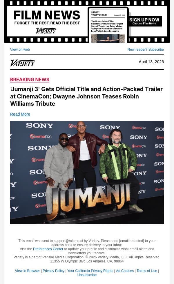 'Jumanji 3' Gets Official Title and Action-Packed Trailer at CinemaCon; Dwayne Johnson Teases Robin Williams Tribute email from Variety screenshot