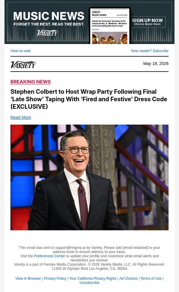 Stephen Colbert to Host Wrap Party Following Final ‘Late Show’ Taping With ‘Fired and Festive’ Dress Code (EXCLUSIVE) email from Variety screenshot