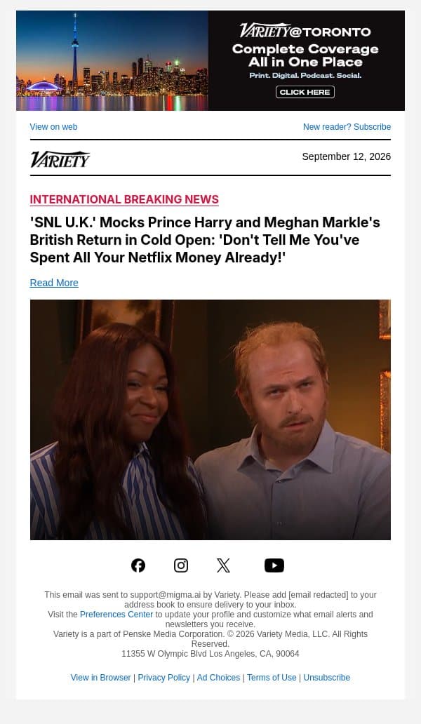 'SNL U.K.' Mocks Prince Harry and Meghan Markle's British Return in Cold Open: 'Don't Tell Me You've Spent All Your Netflix Money Already!' email from Variety screenshot