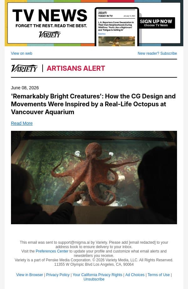 'Remarkably Bright Creatures': How the CG Design and Movements Were Inspired by a Real-Life Octopus at Vancouver Aquarium email from Variety screenshot