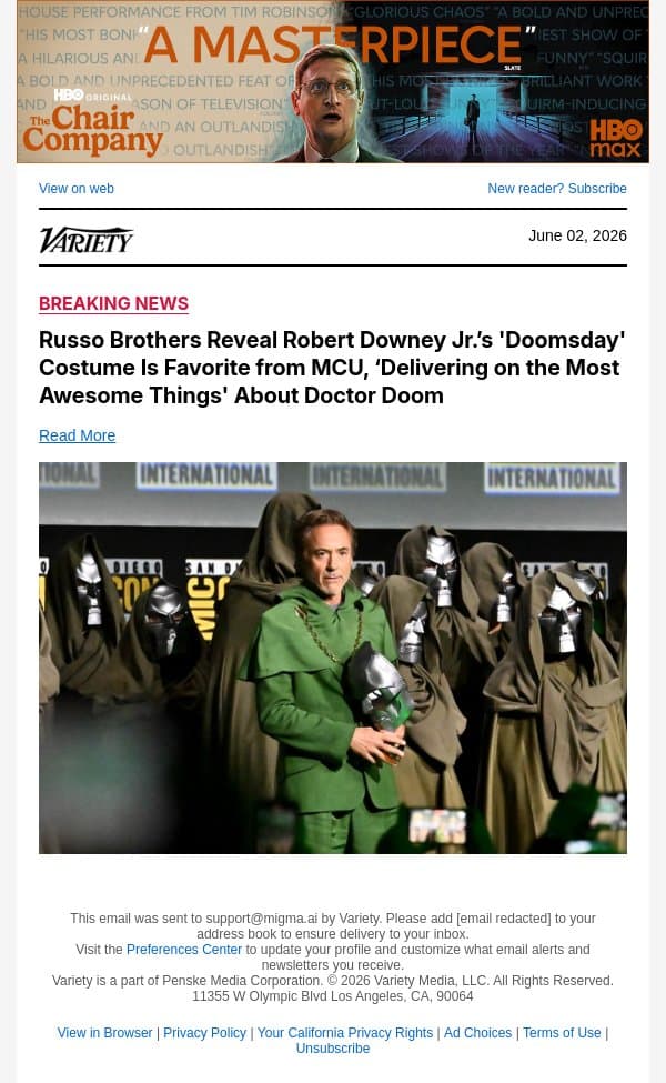 Russo Brothers Reveal Robert Downey Jr.’s 'Doomsday' Costume Is Favorite from MCU, ‘Delivering on the Most Awesome Things' About Doctor Doom email from Variety screenshot