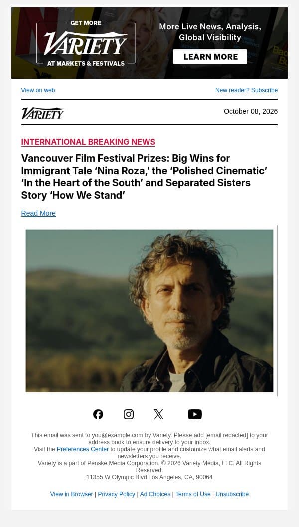 Vancouver Film Festival Prizes: Big Wins for Immigrant Tale ‘Nina Roza,’ the ‘Polished Cinematic’ ‘In the Heart of the South’ and Separated Sisters Story ‘How We Stand’ email from Variety screenshot