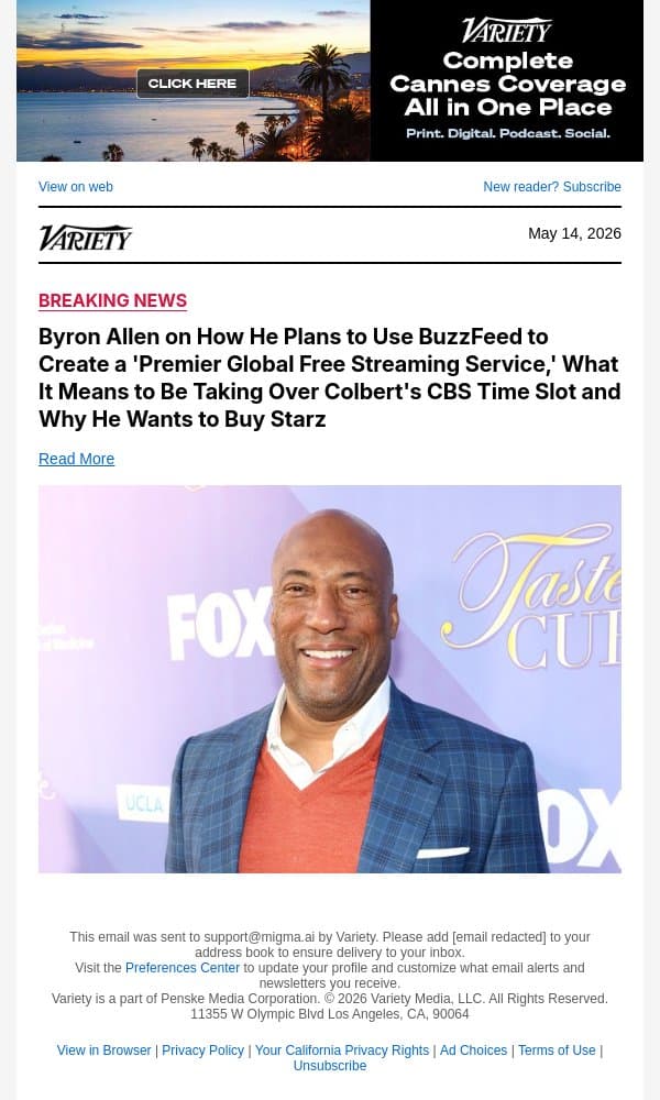 Byron Allen on How He Plans to Use BuzzFeed to Create a 'Premier Global Free Streaming Service,' What It Means to Be Taking Over Colbert's CBS Time Slot and Why He Wants to Buy Starz email from Variety screenshot
