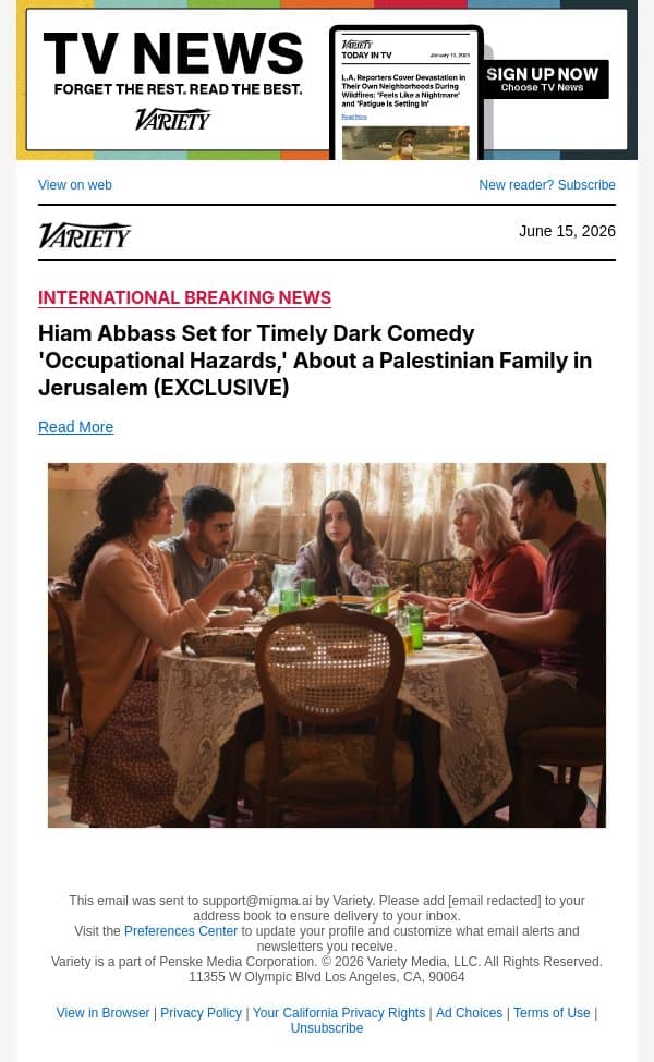 Hiam Abbass Set for Timely Dark Comedy 'Occupational Hazards,' About a Palestinian Family in Jerusalem (EXCLUSIVE) email from Variety screenshot