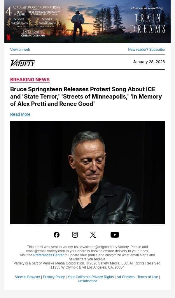 Bruce Springsteen Releases Protest Song About ICE and 'State Terror,' 'Streets of Minneapolis,' 'in Memory of Alex Pretti and Renee Good' email from Variety screenshot