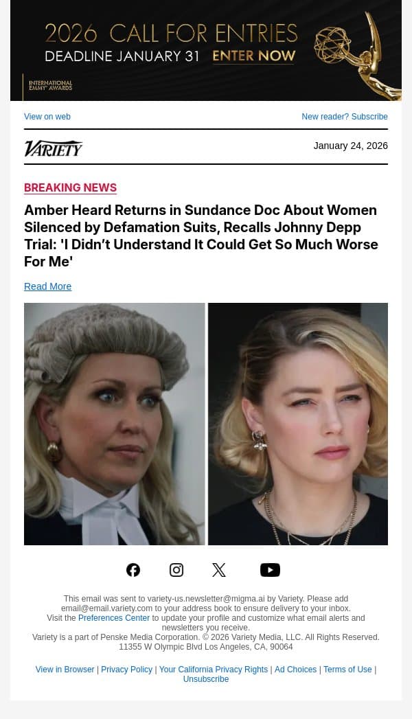 Amber Heard Returns in Sundance Doc About Women Silenced by Defamation Suits, Recalls Johnny Depp Trial: 'I Didn’t Understand It Could Get So Much Worse For Me' email from Variety screenshot