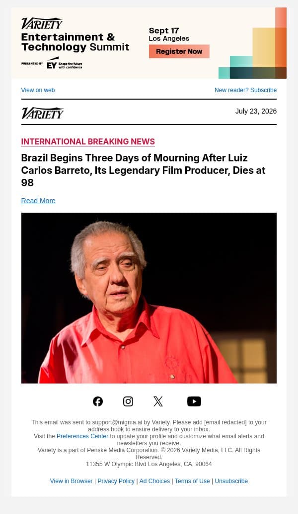 Brazil Begins Three Days of Mourning After Luiz Carlos Barreto, Its Legendary Film Producer, Dies at 98 email from Variety screenshot