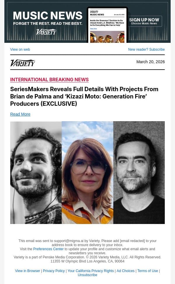 SeriesMakers Reveals Full Details With Projects From Brian de Palma and ‘Kizazi Moto: Generation Fire’ Producers (EXCLUSIVE) email from Variety screenshot