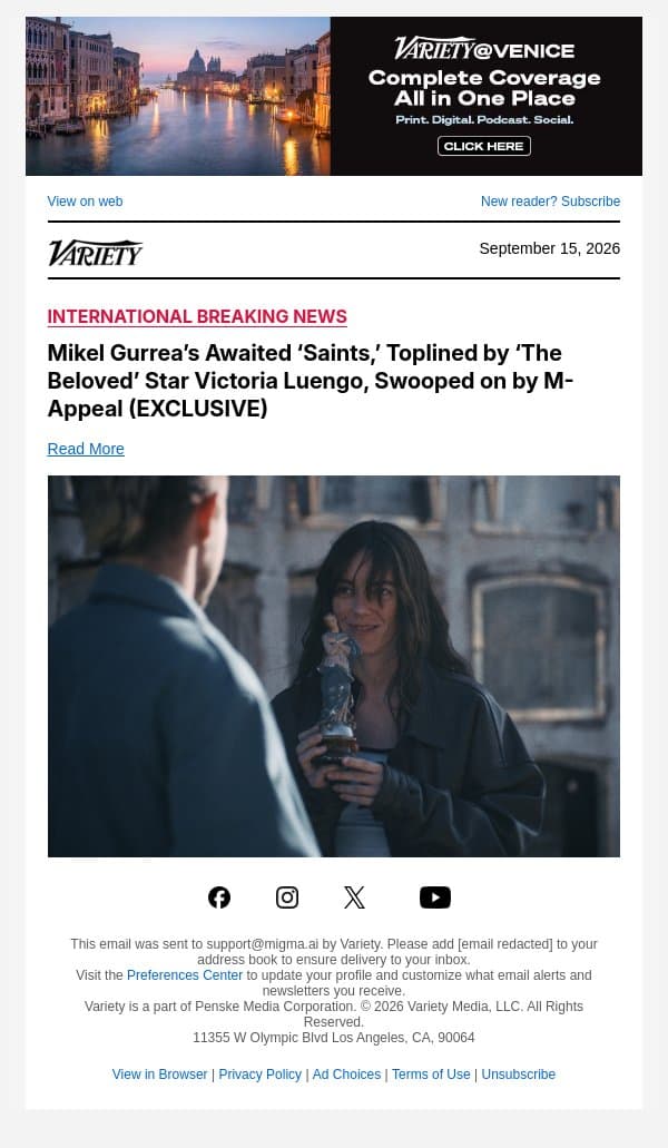 Mikel Gurrea’s Awaited ‘Saints,’ Toplined by ‘The Beloved’ Star Victoria Luengo, Swooped on by M-Appeal (EXCLUSIVE) email from Variety screenshot