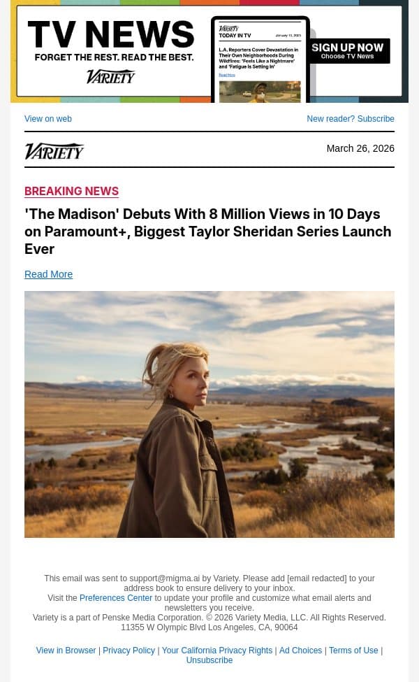 'The Madison' Debuts With 8 Million Views in 10 Days on Paramount+, Biggest Taylor Sheridan Series Launch Ever email from Variety screenshot