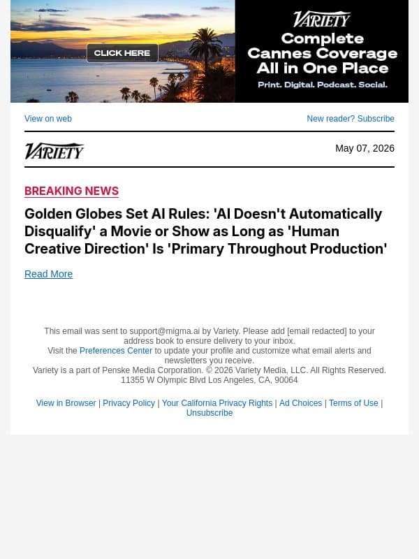 Golden Globes Set AI Rules: 'AI Doesn't Automatically Disqualify' a Movie or Show as Long as 'Human Creative Direction' Is 'Primary Throughout Production' email from Variety screenshot
