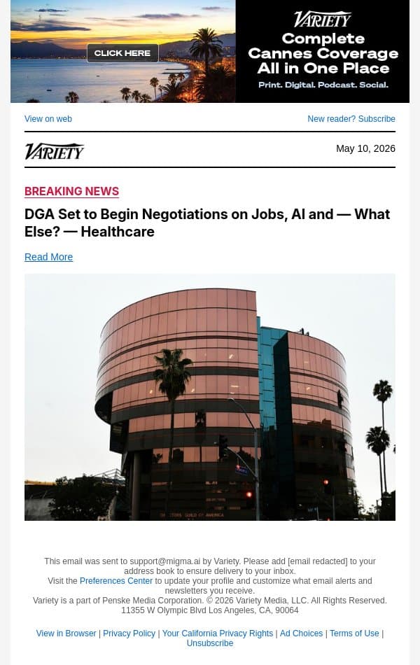 DGA Set to Begin Negotiations on Jobs, AI and — What Else? — Healthcare email from Variety screenshot