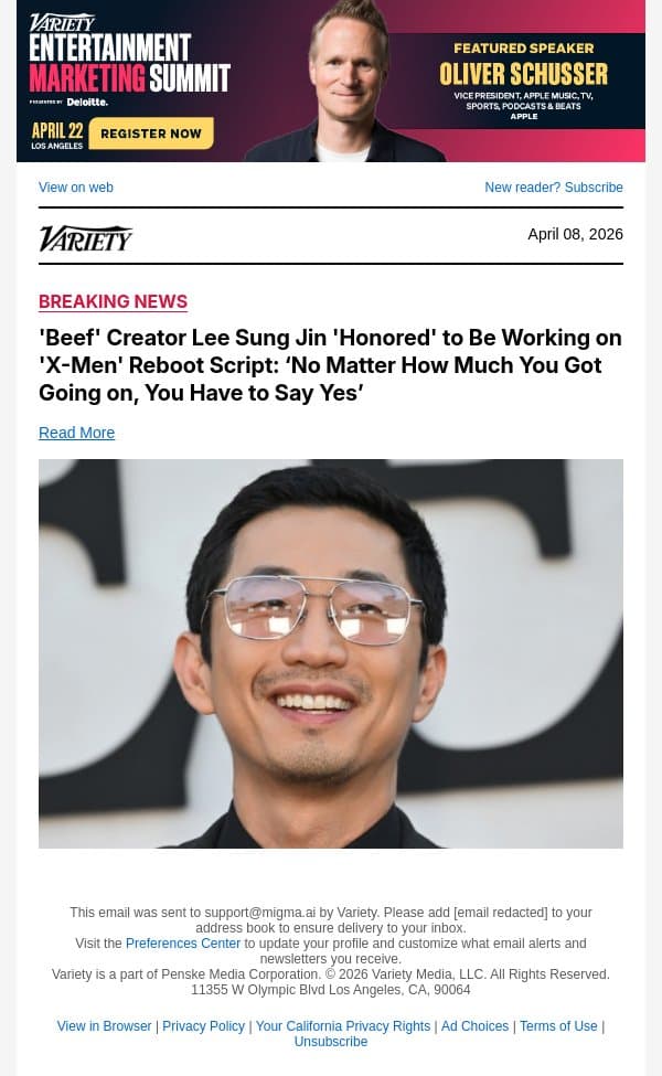 'Beef' Creator Lee Sung Jin 'Honored' to Be Working on 'X-Men' Reboot Script: ‘No Matter How Much You Got Going on, You Have to Say Yes’ email from Variety screenshot