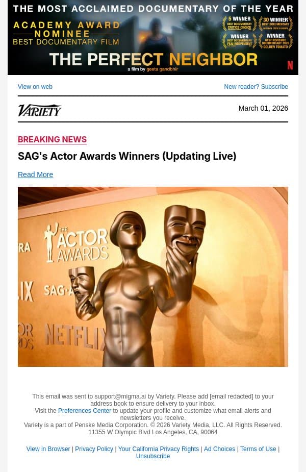 'The Pitt' Wins Actor Award for Drama Series Ensemble email from Variety screenshot