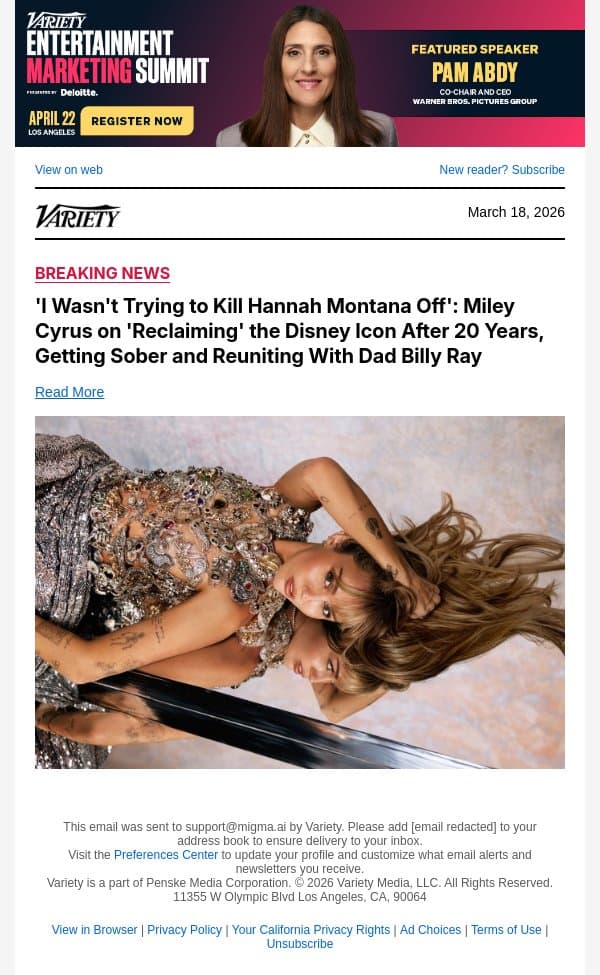COVER STORY | 'I Wasn't Trying to Kill Hannah Montana Off': Miley Cyrus on 'Reclaiming' the Disney Icon After 20 Years, Getting Sober and Reuniting With Dad Billy Ray email from Variety screenshot