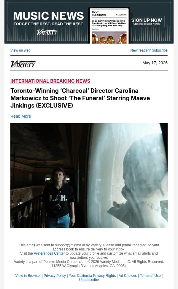 Toronto-Winning ‘Charcoal’ Director Carolina Markowicz to Shoot ‘The Funeral’ Starring Maeve Jinkings (EXCLUSIVE) email from Variety screenshot