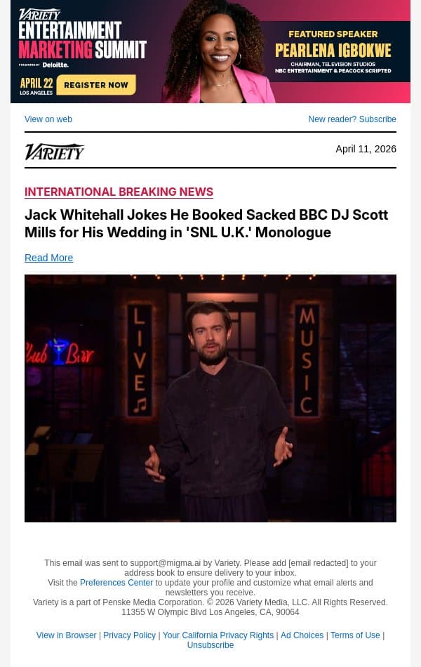 Jack Whitehall Jokes He Booked Sacked BBC DJ Scott Mills for His Wedding in 'SNL U.K.' Monologue email from Variety screenshot