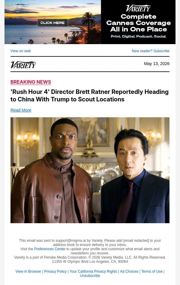 'Rush Hour 4' Director Brett Ratner Reportedly Heading to China With Trump to Scout Locations email from Variety screenshot