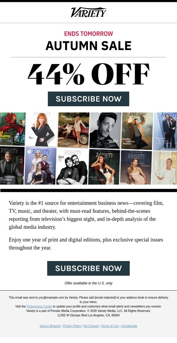 Your Insider Pass to Hollywood — Save 44% on Variety email from Variety screenshot
