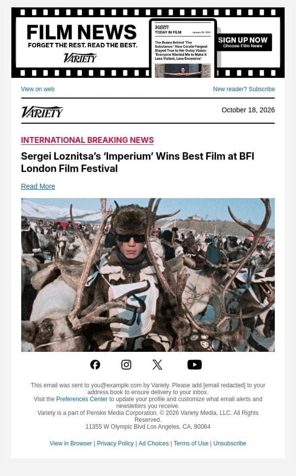 Sergei Loznitsa’s ‘Imperium’ Wins Best Film at BFI London Film Festival email from Variety screenshot