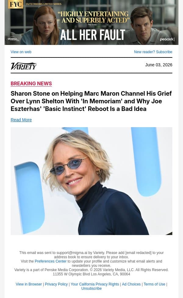 Sharon Stone on Helping Marc Maron Channel His Grief Over Lynn Shelton With 'In Memoriam' and Why Joe Eszterhas' 'Basic Instinct' Reboot Is a Bad Idea email from Variety screenshot