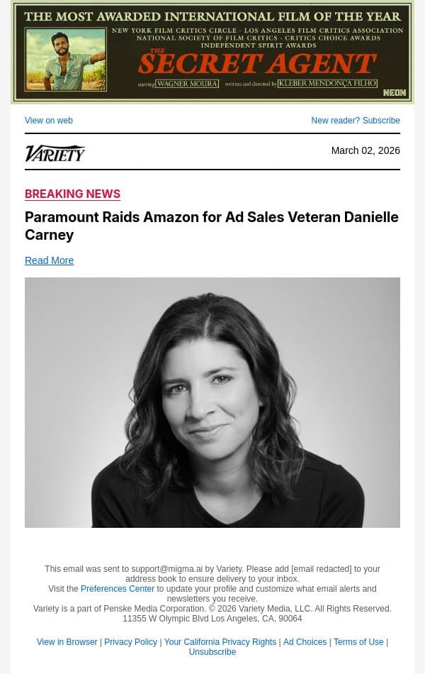 Paramount Raids Amazon for Ad Sales Veteran Danielle Carney email from Variety screenshot