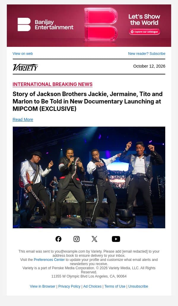 Story of Jackson Brothers Jackie, Jermaine, Tito and Marlon to Be Told in New Documentary Launching at MIPCOM (EXCLUSIVE) email from Variety screenshot