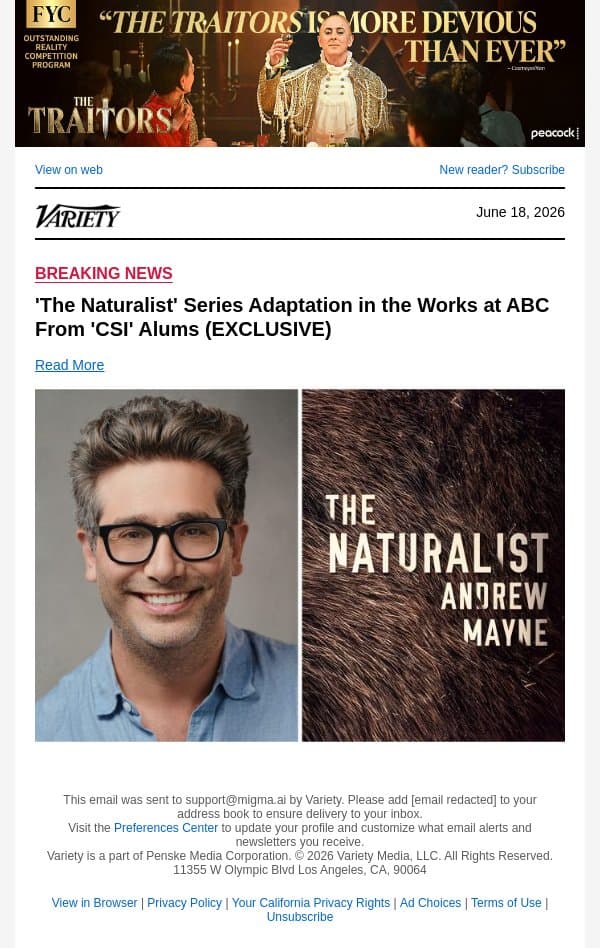 'The Naturalist' Series Adaptation in the Works at ABC From 'CSI' Alums (EXCLUSIVE) email from Variety screenshot