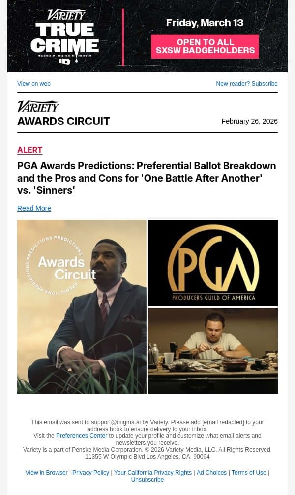 PGA Awards Predictions: Preferential Ballot Breakdown and the Pros and Cons for 'One Battle After Another' vs. 'Sinners' email from Variety screenshot