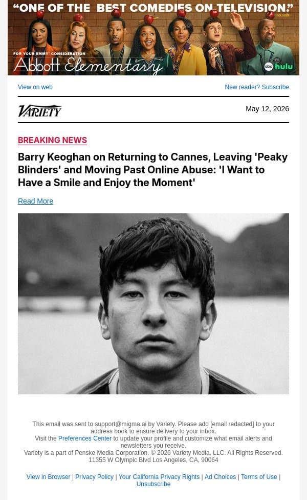 Barry Keoghan on Returning to Cannes, Leaving 'Peaky Blinders' and Moving Past Online Abuse: 'I Want to Have a Smile and Enjoy the Moment' email from Variety screenshot