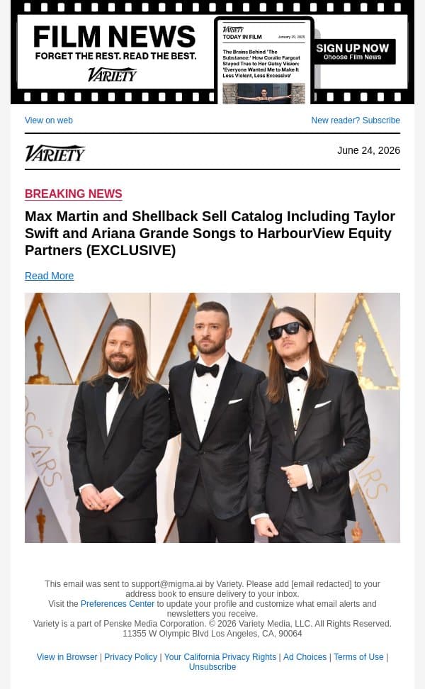 Max Martin and Shellback Sell Catalog Including Taylor Swift and Ariana Grande Songs to HarbourView Equity Partners (EXCLUSIVE) email from Variety screenshot