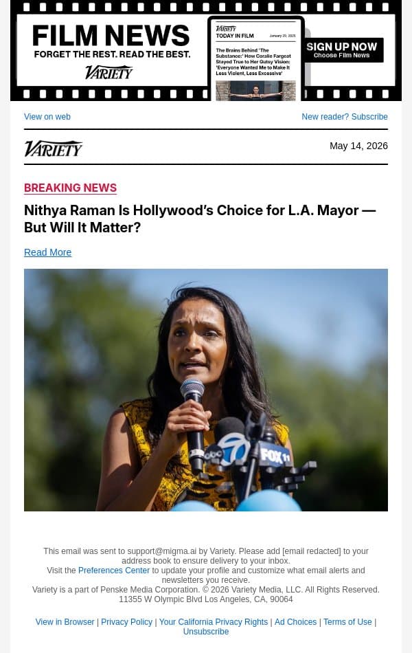Nithya Raman Is Hollywood’s Choice for L.A. Mayor — But Will It Matter? email from Variety screenshot