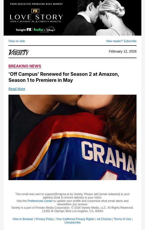 'Off Campus' Renewed for Season 2 at Amazon, Season 1 to Premiere in May email from Variety screenshot