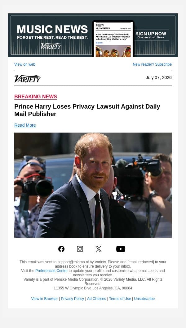Prince Harry Loses Privacy Lawsuit Against Daily Mail Publisher email from Variety screenshot