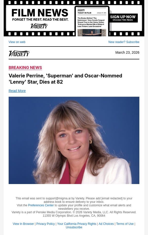 Valerie Perrine, 'Superman' and Oscar-Nommed 'Lenny' Star, Dies at 82 email from Variety screenshot