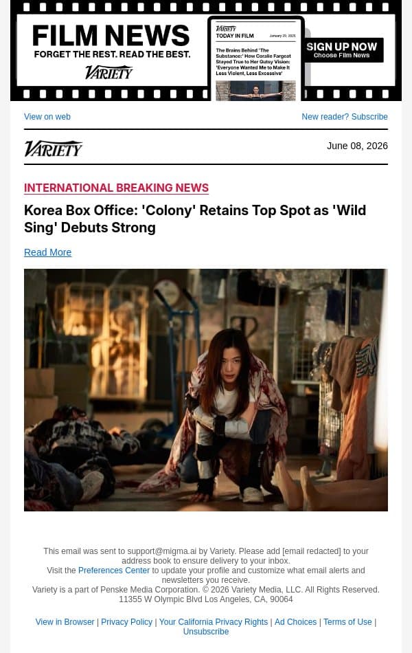 Korea Box Office: 'Colony' Retains Top Spot as 'Wild Sing' Debuts Strong email from Variety screenshot