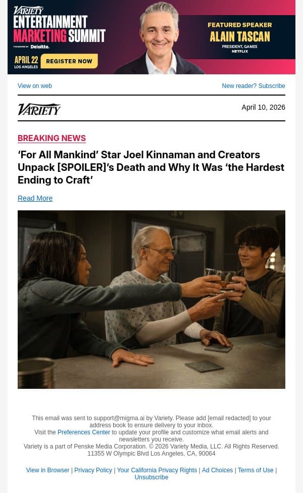 ‘For All Mankind’ Star Joel Kinnaman and Creators Unpack [SPOILER]’s Death and Why It Was ‘the Hardest Ending to Craft’ email from Variety screenshot