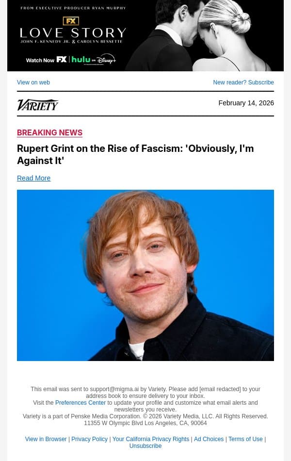 Rupert Grint on the Rise of Fascism: 'Obviously, I'm Against It' email from Variety screenshot