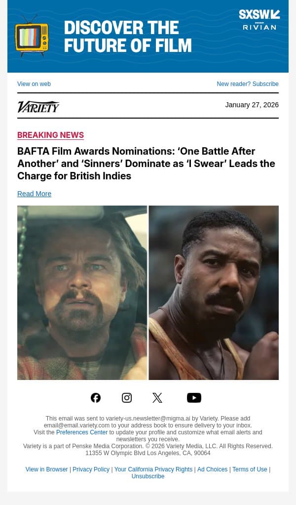 BAFTA Film Awards Nominations: ‘One Battle After Another’ and ‘Sinners’ Dominate as ‘I Swear’ Leads the Charge for British Indies email from Variety screenshot