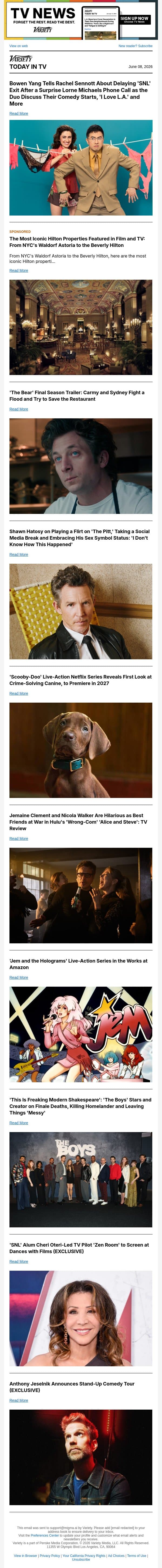 Bowen Yang and Rachel Sennott AOA; 'The Bear' Final Season Trailer; Shawn Hatosy on 'The Pitt' email from Variety screenshot