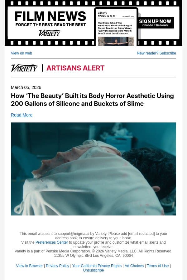 How ‘The Beauty’ Built its Body Horror Aesthetic Using 200 Gallons of Silicone and Buckets of Slime email from Variety screenshot