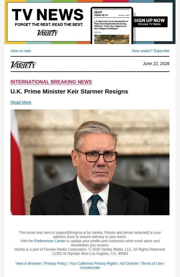 U.K. Prime Minister Keir Starmer Resigns email from Variety screenshot