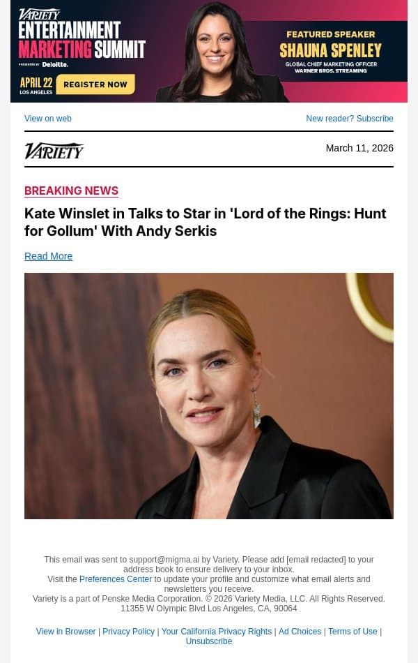 Kate Winslet in Talks to Star in 'Lord of the Rings: Hunt for Gollum' With Andy Serkis email from Variety screenshot